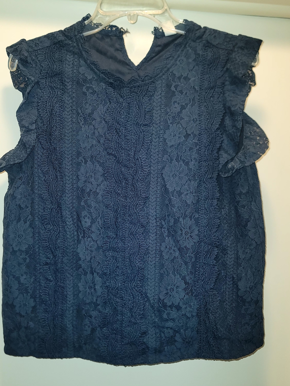 Women's Navy Lace Ruffle Sleeve Top